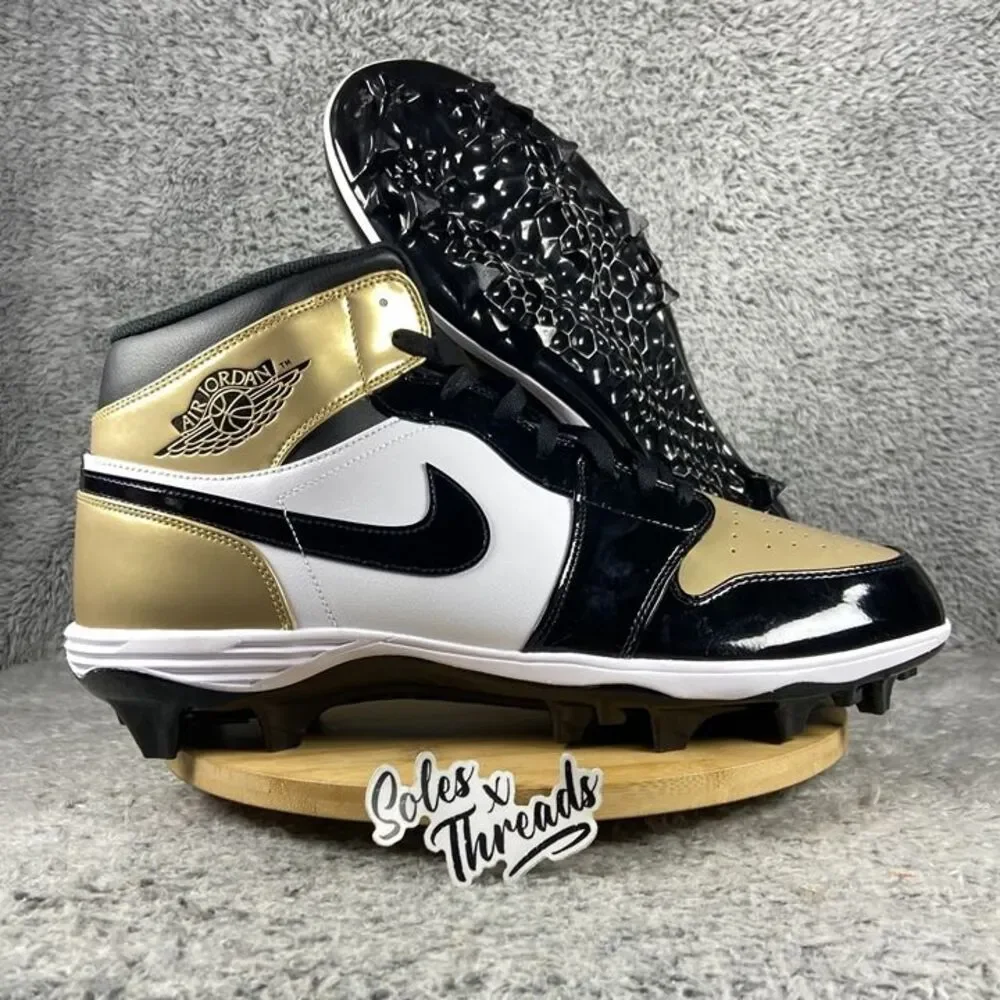 Size 17 Air Jordan 1 Mid TD Football Patent Gold Toe Men FJ6805-701